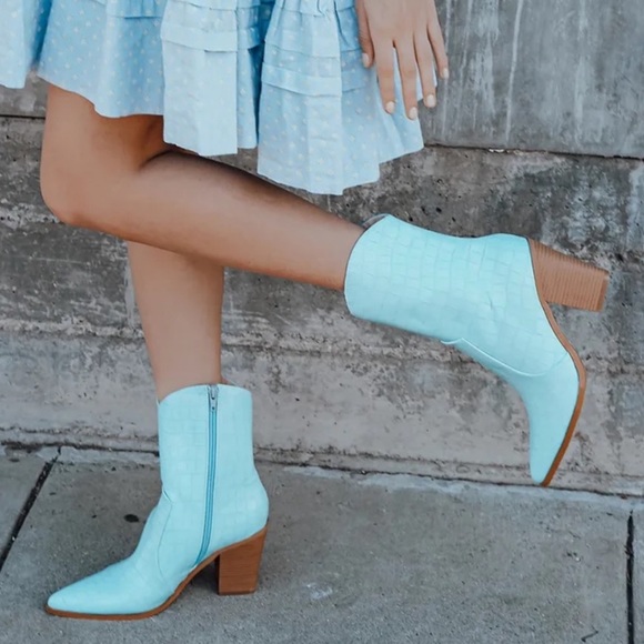 Blue Crocodile-Embossed Mid-Calf High Heel Boots - Picture 3 of 4